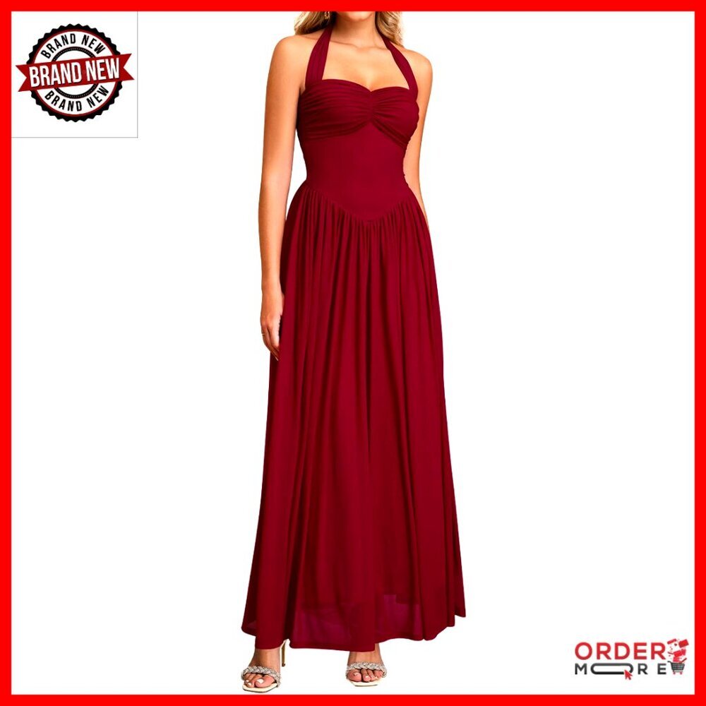 Elegant Halter Neck Corset Maxi Dress Backless Evening Gown Wedding Guest - Picture 1 of 5